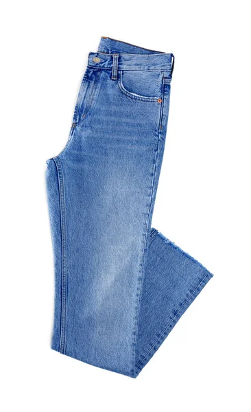 Světle Modré Džíny Izolované Bílém Horní Pohled Stylové Oblečení — Stock fotografie