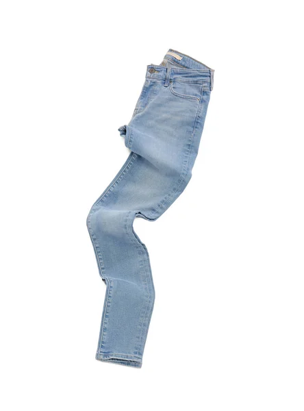 Elegantes Pantalones Vaqueros Azules Claros Aislados Blanco Vista Superior —  Fotos de Stock