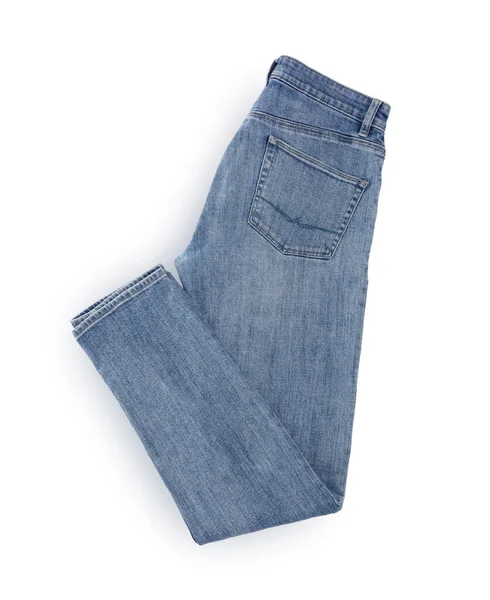风格新颖的浅蓝色牛仔裤 顶视图隔离 — 图库照片