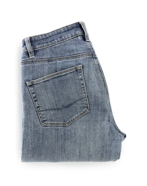 Vikta Ljusblå Jeans Isolerade Vit Ovanifrån — Stockfoto
