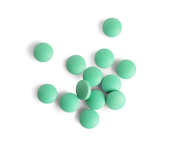 Mnoho Světle Zelené Pilulky Izolované Bílém Horní Pohled — Stock fotografie