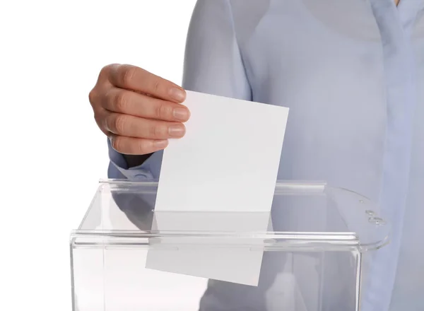 Woman Putting Her Vote Ballot Box White Background Closeup — Stock Photo, Image