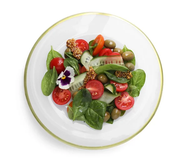 Πιάτο Νοστιμότατης Σαλάτας Λαχανικά Ελιές Και Μουστάρδα Λευκό Top View — Φωτογραφία Αρχείου