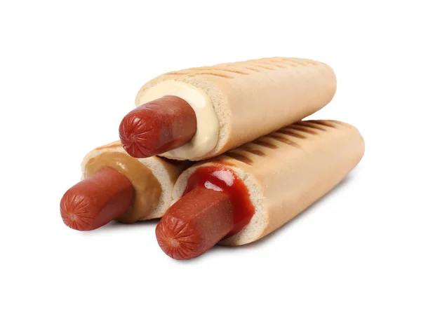 Tasty French Hot Dogs Different Sauces White Background — Stock Photo, Image