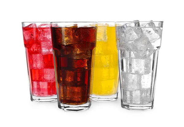 Glasses Different Refreshing Soda Water Ice Cubes Isolated White — Stock Photo, Image