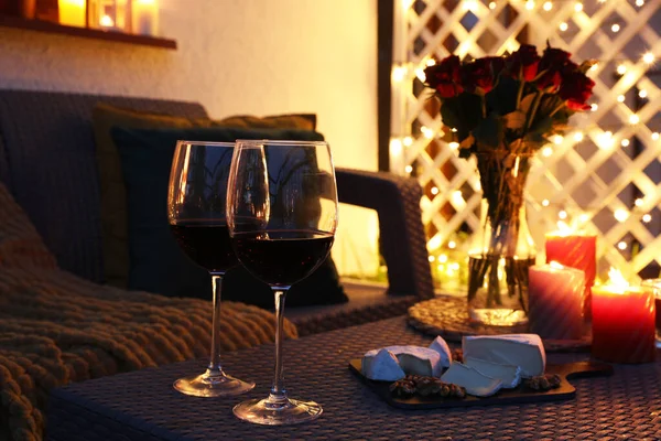 Glasses Wine Vase Roses Burning Candles Snacks Outdoor Terrace Evening — Stock Photo, Image