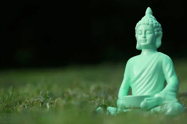 Statua Decorativa Buddha Erba Verde All Aperto Spazio Testo — Foto Stock