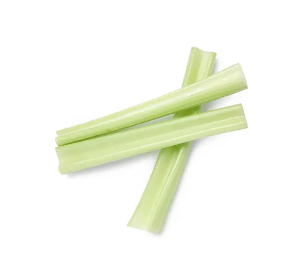 Čerstvě Nařezané Celerové Stonky Izolované Bílém Pohled Shora — Stock fotografie