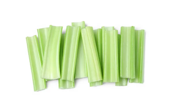 Čerstvě Nařezané Celerové Stonky Izolované Bílém Pohled Shora — Stock fotografie
