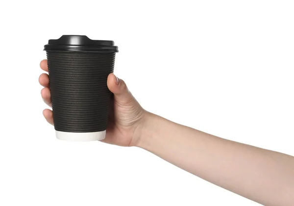 Жінка Тримає Паперову Чашку Смачного Напою Білому Тлі Кава Щоб — стокове фото