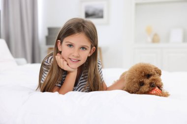 Evdeki yatakta küçük bir çocuk ve sevimli bir köpek yavrusu. Sevimli hayvan