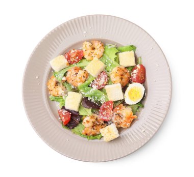 Beyaz karidesli nefis Sezar salatası.