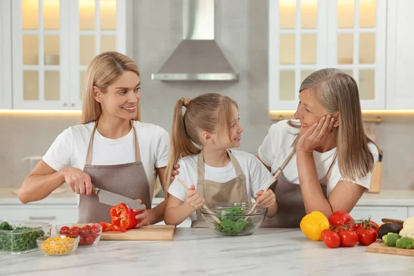 Three Generations Happy Grandmother Her Daughter Granddaughter Cooking Together Kitchen — Stock Photo, Image