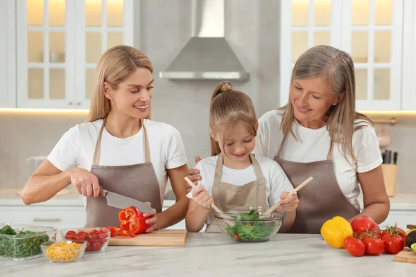 Three Generations Happy Grandmother Her Daughter Granddaughter Cooking Together Kitchen —  Fotos de Stock