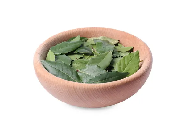 stock image Bowl with bay leaves on white background