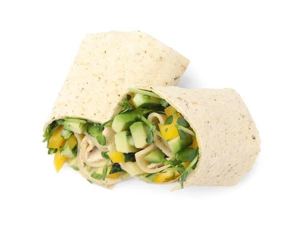 Deliciosos Envoltórios Sanduíche Com Legumes Frescos Isolados Branco Vista Superior — Fotografia de Stock