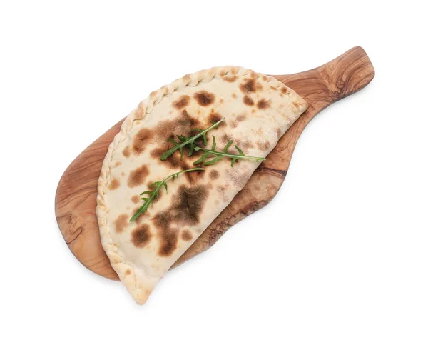 Wooden Board Delicious Calzone White Background Top View — Stock Photo, Image