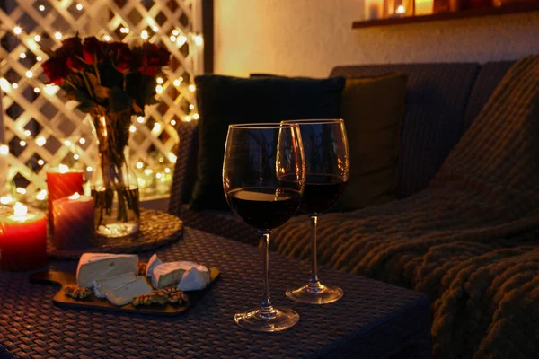 Glasses Wine Vase Roses Burning Candles Snacks Outdoor Terrace Evening — Stock Photo, Image