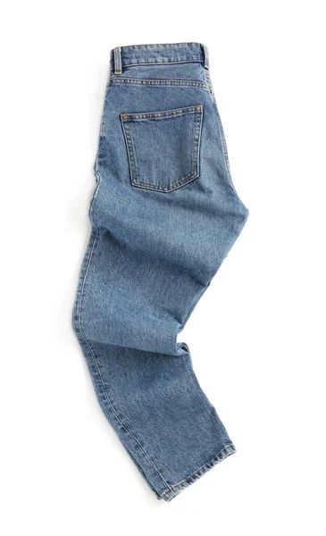 Rozcuchané Modré Džíny Izolované Bílém Horní Pohled Stylové Oblečení — Stock fotografie