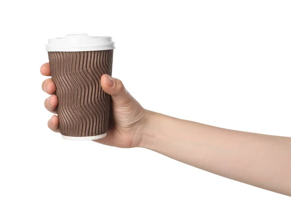 Vrouw Met Papieren Beker Lekkere Drank Witte Achtergrond Koffie Gaan — Stockfoto