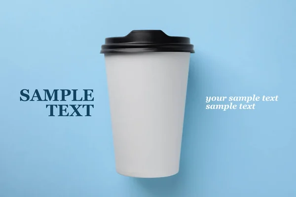 Coffee to go. Paper cup with plastic lid on light blue background, top view. Design with space for your text