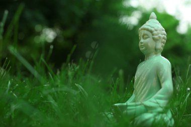 Yeşil çimenlikte dekoratif Buda heykeli, metin için alan