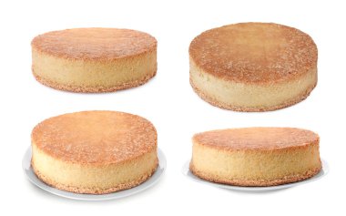 Beyaz, farklı açılardan izole edilmiş lezzetli sünger keki. Kolaj tasarımı