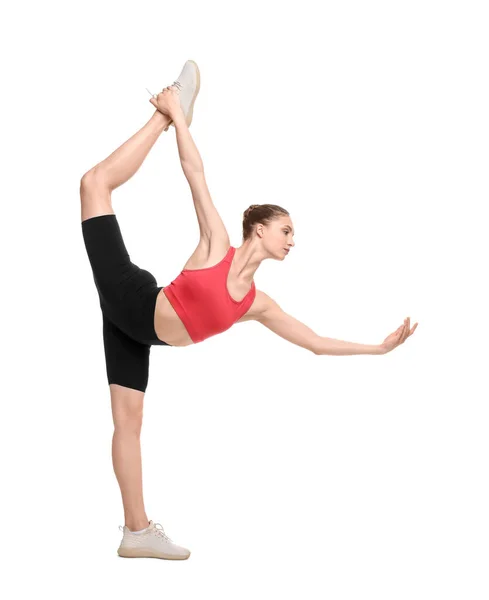 Mujer Joven Practicando Yoga Sobre Fondo Blanco —  Fotos de Stock