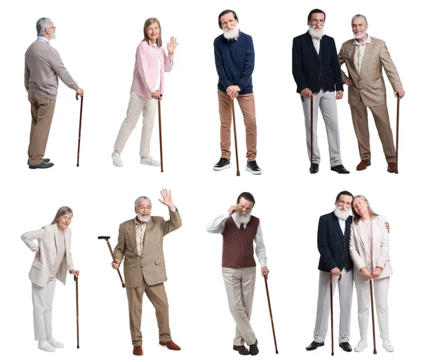 Colagem Com Fotos Homens Seniores Mulher Com Bengalas Fundo Branco — Fotografia de Stock