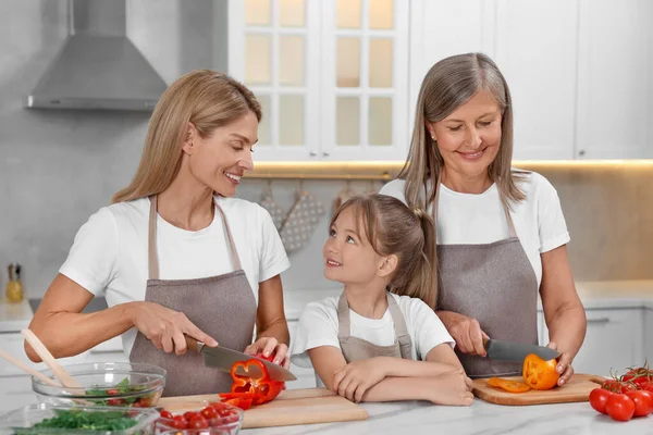 Three Generations Happy Grandmother Her Daughter Granddaughter Cooking Together Kitchen — Stockfoto