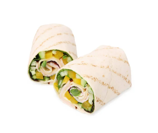 Deliciosas Envolturas Sándwich Con Verduras Frescas Aisladas Blanco — Foto de Stock