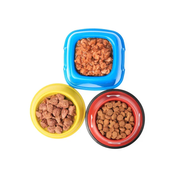 Alimenti Animali Domestici Secchi Bagnati Ciotole Isolate Bianco Vista Dall — Foto Stock