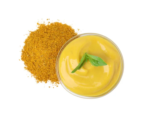 Bowl Tasty Curry Sauce Powder Basil Isolated White Top View — Stock Photo, Image