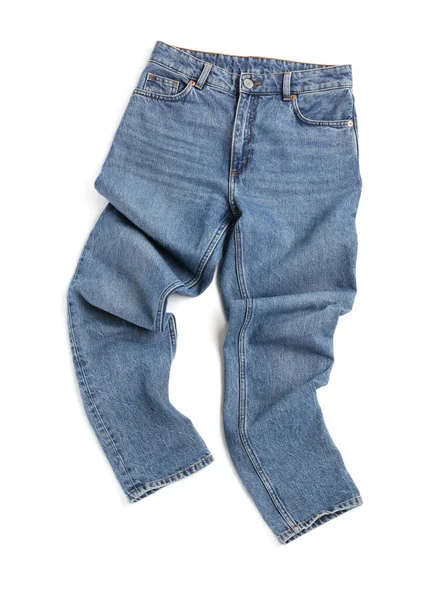 Rumpade Blå Jeans Isolerade Vit Ovanifrån Snygga Kläder — Stockfoto
