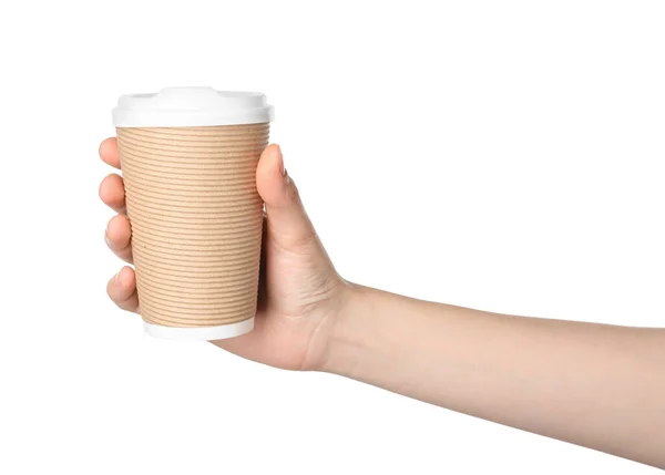 Женщина Бумажной Чашкой Вкусного Напитка Белом Фоне Кофе Дорогу — стоковое фото