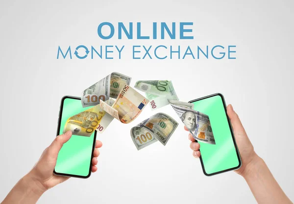 Online money exchange. Women with mobile phones, closeup. Dollar and euro banknotes flying between devices on grey background