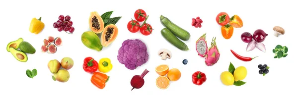 Sok Különböző Friss Gyümölcs Zöldség Fehér Háttérrel Felülnézetből Bannertervezés — Stock Fotó