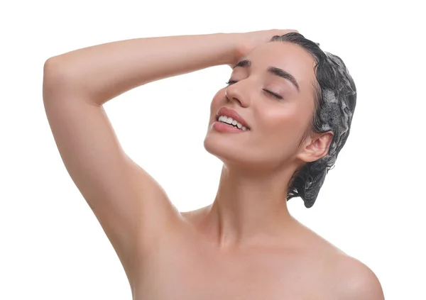 Mooie Gelukkig Vrouw Wassen Haar Witte Achtergrond — Stockfoto