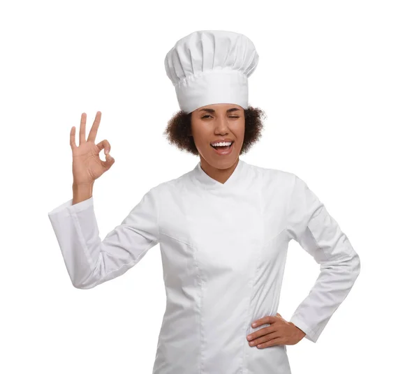 Chef Mujer Feliz Uniforme Mostrando Gesto Sobre Fondo Blanco —  Fotos de Stock