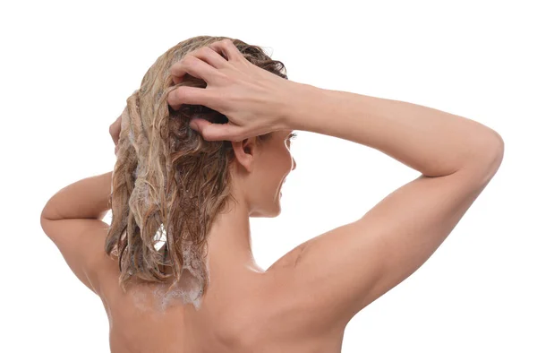 Woman Washing Hair Shampoo White Background — Stock Photo, Image