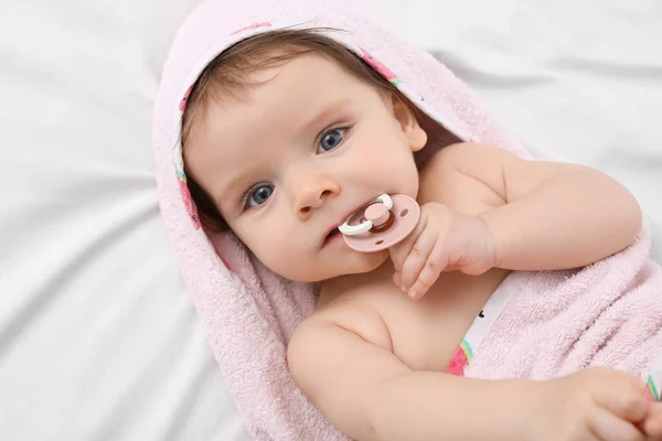 Cute Little Baby Pacifier Hooded Towel Bathing Bed Top View — Stock Photo, Image