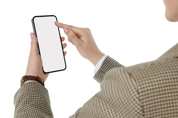 Woman Using Smartphone Blank Screen White Background Closeup Mockup Design — Stock Photo, Image