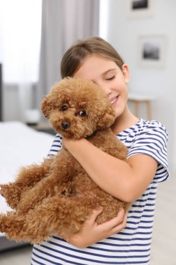 Evinde şirin bir köpek yavrusu olan küçük bir çocuk. Sevimli hayvan