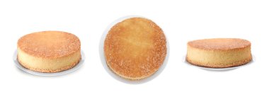 Beyaz, üstten ve yandan izole edilmiş lezzetli sünger keki. Kolaj tasarımı