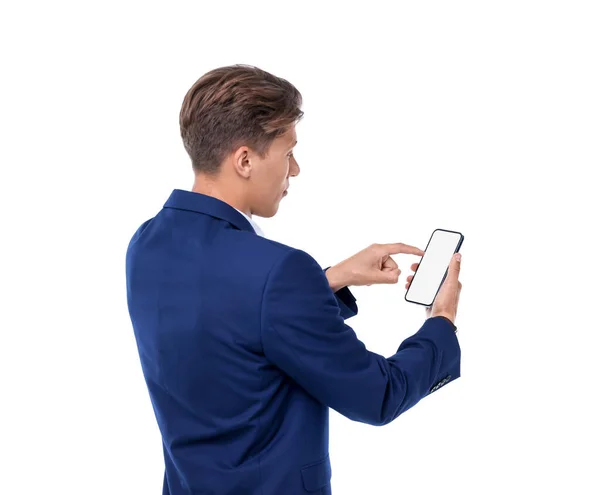 Man Using Phone Blank Screen White Background — Stock Photo, Image