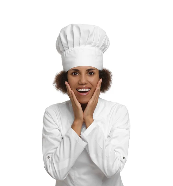 Retrato Chef Feminino Feliz Uniforme Fundo Branco — Fotografia de Stock