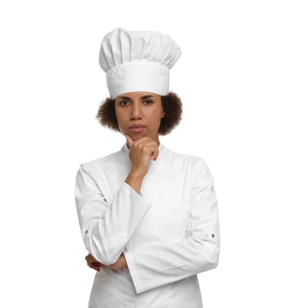 Chef Feminino Atencioso Uniforme Fundo Branco — Fotografia de Stock