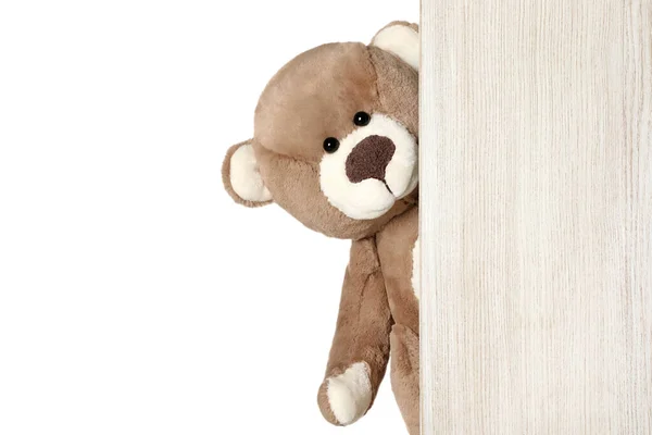 Cute Teddy Bear Peeking Out Wooden Board White Background — Stock Photo, Image