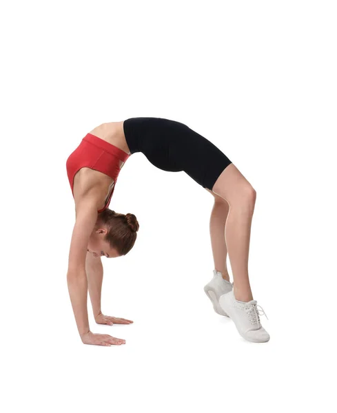 Junge Frau Praktiziert Yoga Auf Weißem Hintergrund — Stockfoto