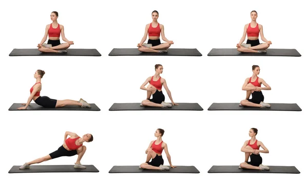 Jonge Vrouw Die Yoga Beoefent Een Witte Achtergrond Collage Met — Stockfoto